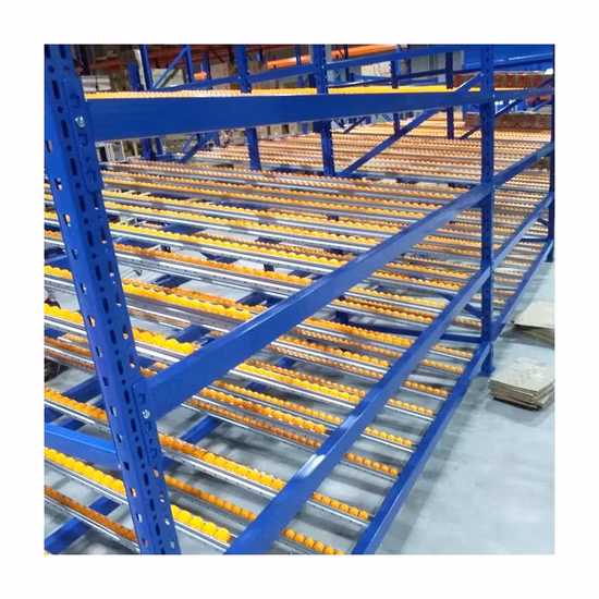 Estantería de almacén de acero de fábrica, estantes deslizantes de paletas de flujo de cartón por gravedad de mercancías